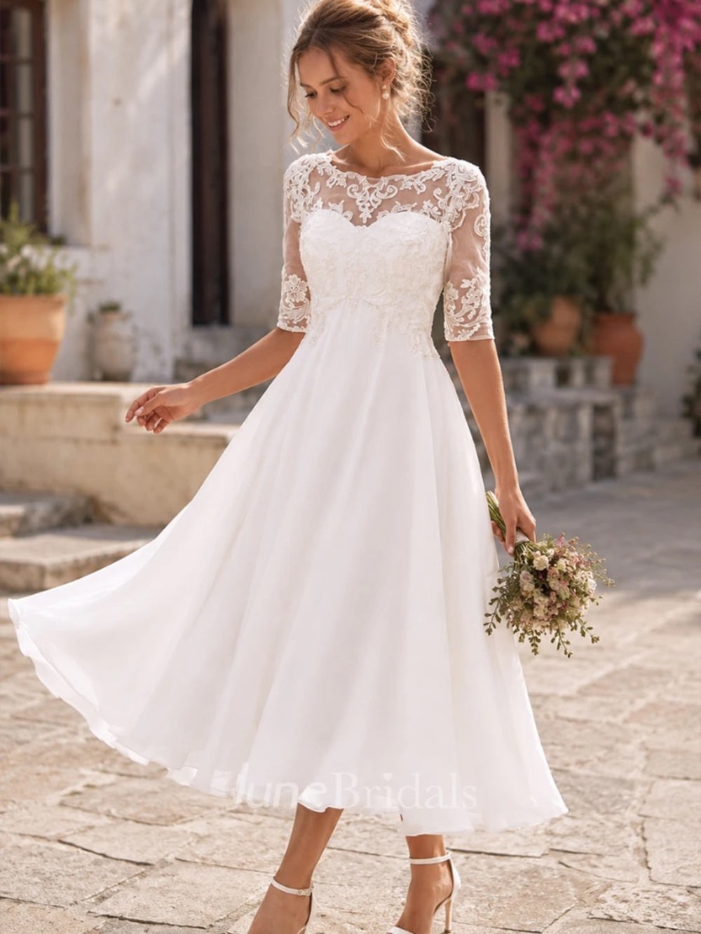 A-Line Modest Midi Lace Chiffon Wedding Dress
